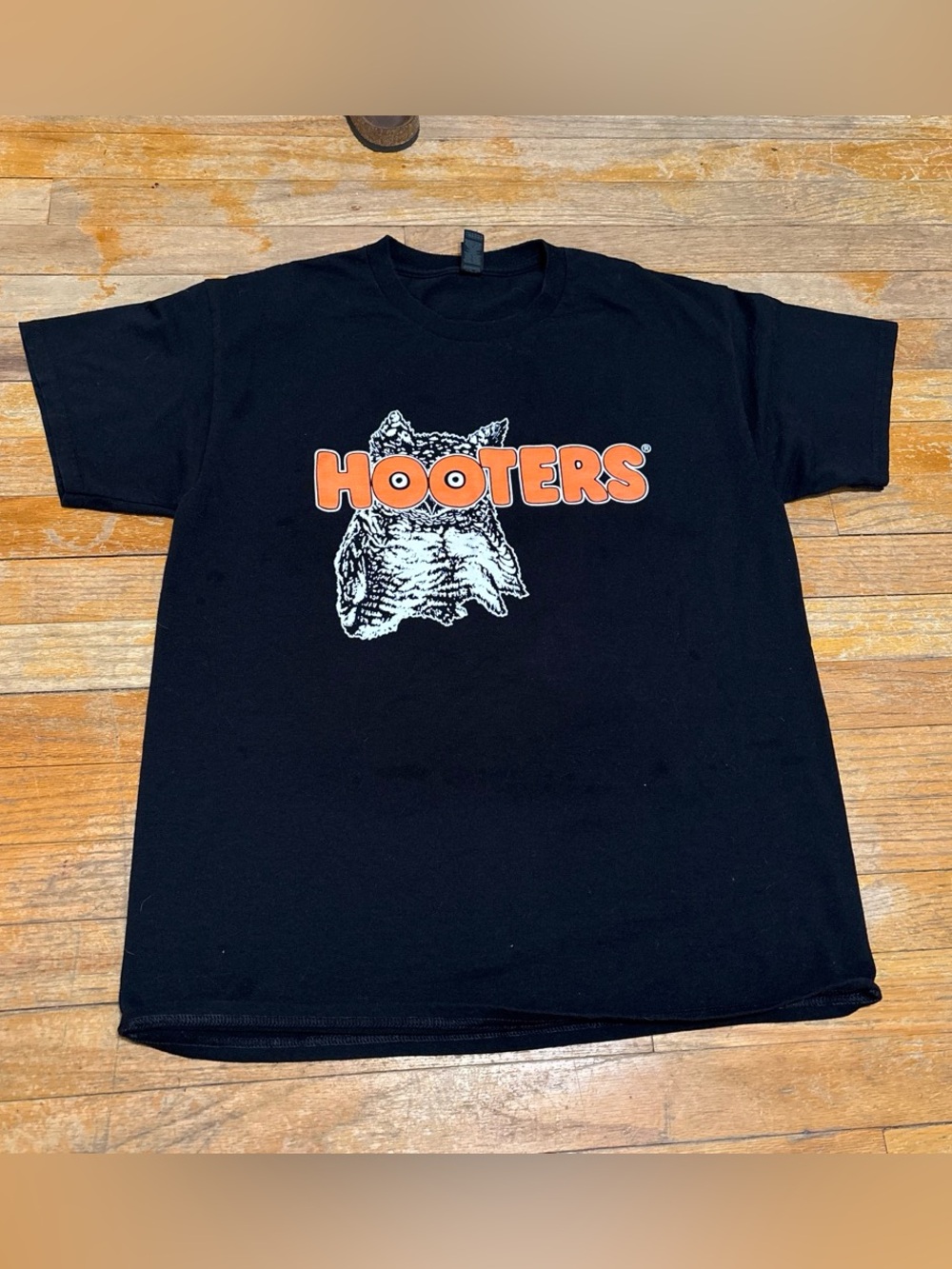 Hooters Black Tee with Orange Logo and Owl Cat Graphic